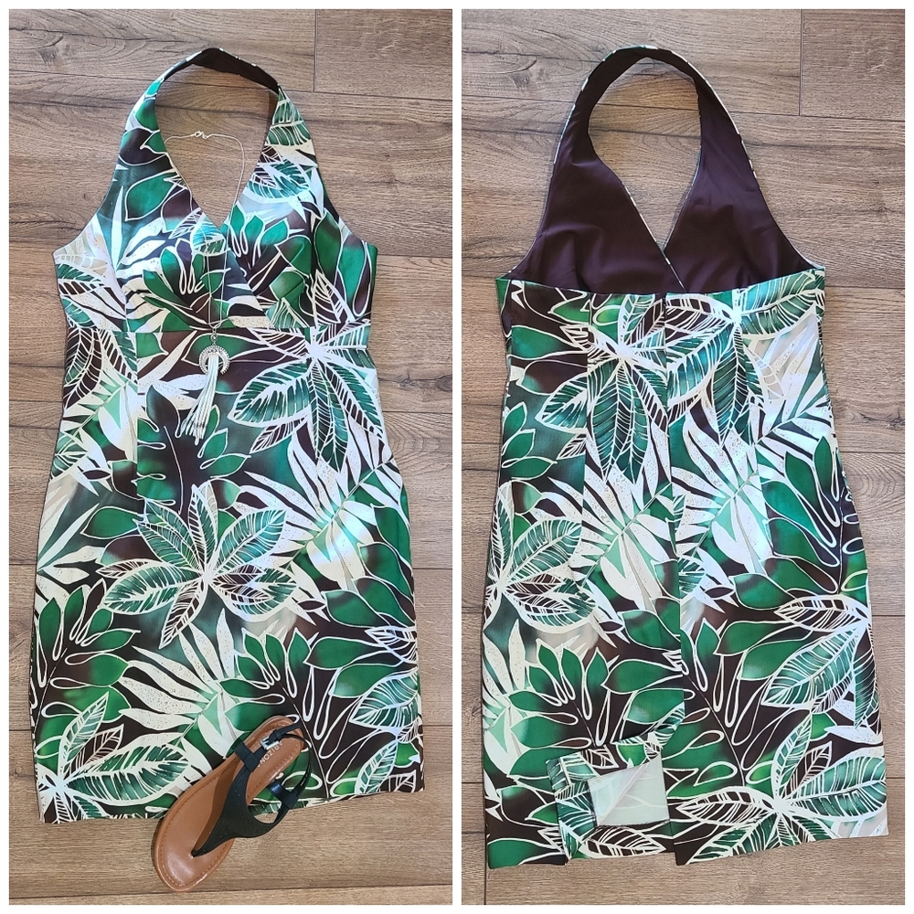 NWOT'S- JONES NEW YORK - Green & Brown leaf print Halter Sheath dress - Size 10p